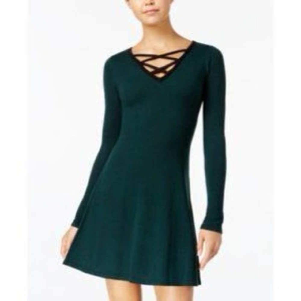 BCX Green Lace Up Long Sleeve Sweater Dress